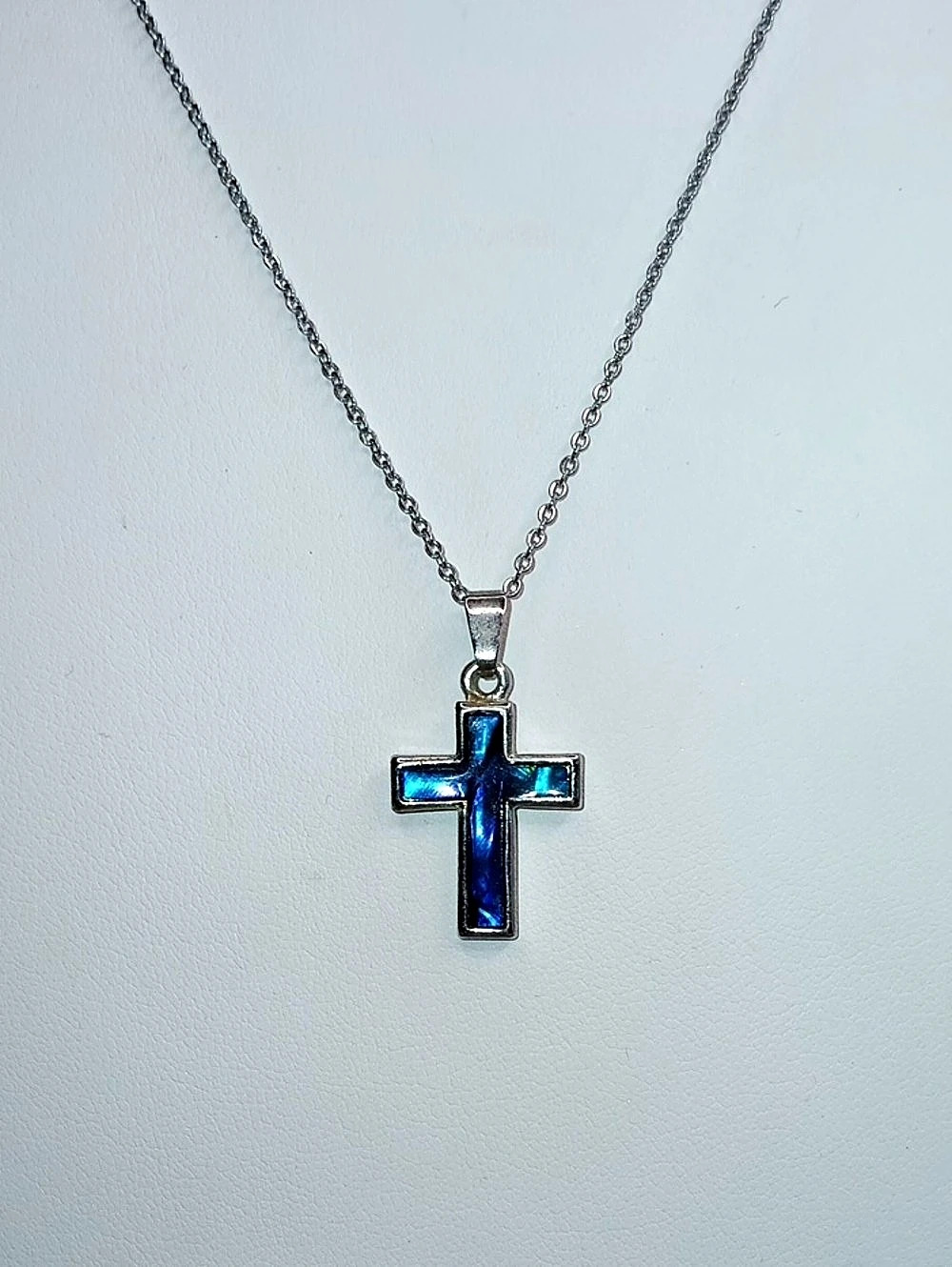 Blue Cross Pendant Silver Tone Necklace 18" Long Vintage